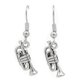Musical - Trumpet - 18x5mm - Silver alloy charm dangle earrings. Hypoallergenic Stainless-Steel Fishhook or Ball-Post. Silver Plated Ball-Post, or Silver Tone Clip-on Earrings Optional