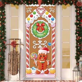 Christmas Gingerbread House Door Cover Decorations - Gingerbread Door Banner for Candyland Party Backdrop Decor Indoor Outdoor, 72×30 Inches
