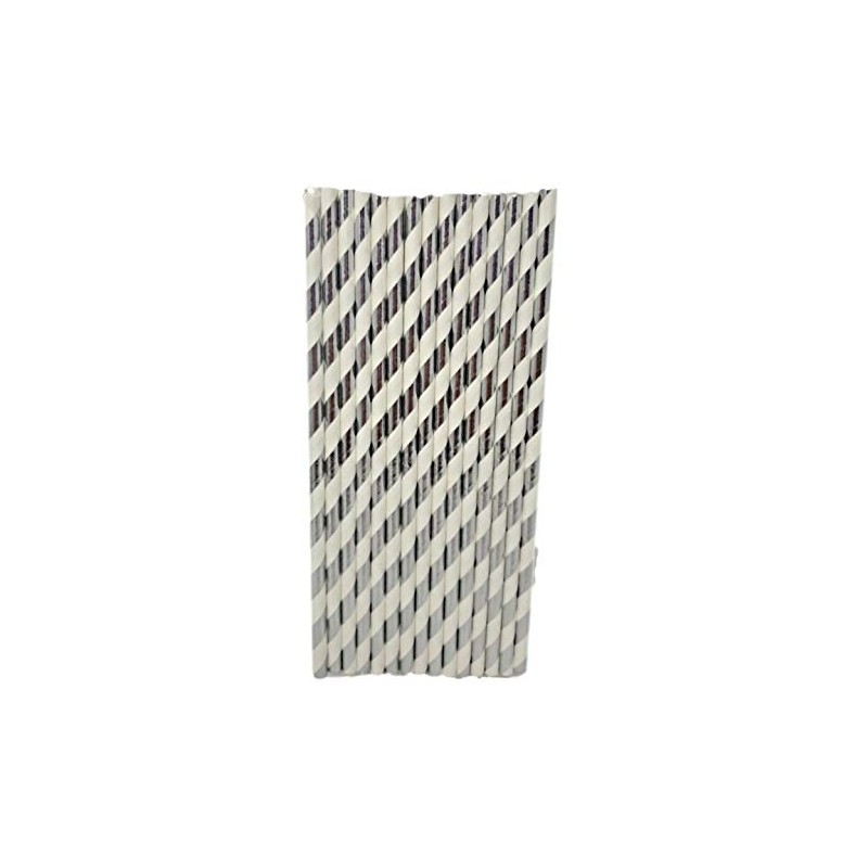 Metallic Silver Striped 15 Paper Straws – 2 Pack