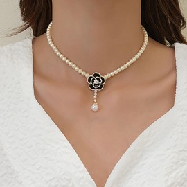 TseenYi Camellia Pearl Necklace Gold Beads Lariat Necklace White Beads Strand Necklace Black Camellia Necklace Pearl Y Shape Necklace Vintage Beads Chain Necklace, Zinc