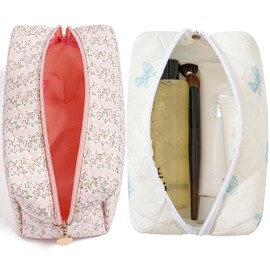 HHQQWZ Makeup Bag Travel Cosmetic Bag for Women Girls, Zipper Make Up Pouch, Floral Flowers Toiletry Organizer Makeup, Portable Storage Cosmetic Travel Cloth Bag (Pink+Blue Bow Tie)
