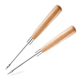 Leather Awl Set, 2 Pieces Stitcher Awl Wood Awl Hole Awl and Curved Awl with Wooden Handle for Leather Sewing Punching DIY Tool