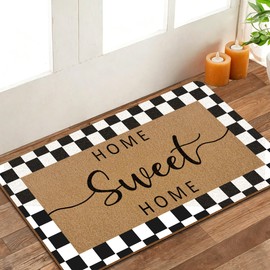 Home Sweet Home Door Mat, Farmhouse Welcome Front Door Mat Rug Indoor Entrance, Black and White Checkered Artificial Coir Doormat for Outdoor Entry Porch Patio Decor, 30x17In