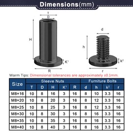 Drenky Barrel Nuts Kit M8 Furniture Connector Nuts Black M8X 35mm 304 Stainless Steel Bolts Rustproof Connection Screws Belt Buckle Binding Bolts for Leather Belt and Furniture Repair, 10 Sets