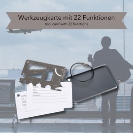 Luggage Tag and Tool Card with 22 Functions - JIMMY - Two Writable Address Cards with Wire Loop for Attaching - 420 Stainless Steel, Aluminum