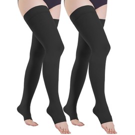 2 Pairs of Medical Compression Stockings for Men and Women, 20-30 mmHg, Class 2, Graduated Support, Long Support Stockings, Compression Socks for Varicose Veins, Edema, Flight, 2 x Black