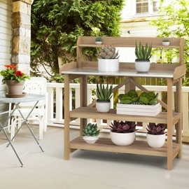 Giantex Garden Potting Bench, Galvanized Steel Top, 6 Hooks, 2 Tier Storage Shelves, Wood Workstation for Indoor Outdoor Gardening Planting Garage Tools, Potted Plant, Worktable 41.5"x19.5"x48"