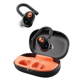 Skullcandy Push Play Active Wireless Earbuds, Bluetooth Headphones, Noise Isolating, 34 Hrs Battery, Secure-Fit Over-Ear Hanger, Sweat Water Resistant, Microphone for iPhone Android - Black/Orange​