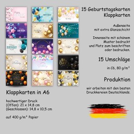 Klasse Geburtstagskarte, Glückwunschkarten-Set mit 15 Geburtstagskarten, Klappkarten mit Umschlägen, Luftballons, Happy Birthday für Erwachsene, Mann, Frau, Kinder, Mädchen, Jungen, privat und geschäf