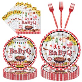 Papiailove Baby Q Baby Shower Decorations – 96 Pcs BBQ Party Tableware Set It’s A Baby Q Plates Napkins for Barbecue Gender Reveal Picnic Party Decor Favor Supplies Serves 24