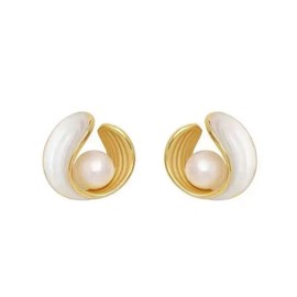 HUGETOMATO Trendy White Pearl Stud Earrings 14K Gold Plated U Shape Earrings with Silver Pin