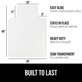 GORILLA GRIP Slip Resistant Office Chair Mat for Carpet Floors, 36x48 Lip Smooth Glide Under Desk Carpeted Floor Protector, Heavy Duty Plastic Computer Mats for Rolling Work and Gaming Chairs, Clear