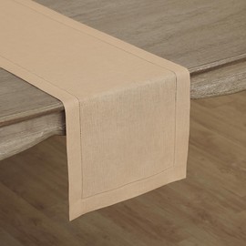 Solino Home Linen Beige Table Runner 72 Inches Long - 100% Pure Linen Hemstitch Table Runner 14 x 72 Inch for Dresser, Dining and Spring, Mothers Day, Summer - Classic Hemstitch
