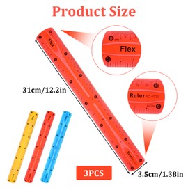 3Pcs Flexible Ruler, 30 cm/12 Inch Translucent Colorful Rulers Shatterproof Plastic Rulers Bendy Rulers with Inches and Centimeters for Kids Adults Classroom School Home Office (Red Yellow Blue)