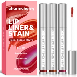 CharmCherry Lip Stain Peel Off (3 Count), Long Lasting Peel Off Lip Liner, Waterproof & Transfer-Proof Tattoo Lip Tint, Non-Drying, Smudge Proof, Matte Finish for All Skin Types (Rose/Cocoa/Mauve)