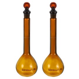 PATIKIL 50ml Volumetric Flask, 2Pcs 3.3 Borosilicate Glass Graduated Volumetric Measuring Flask with Glass Stopper Tolerance 0.32ml for Lab Experiment, Amber