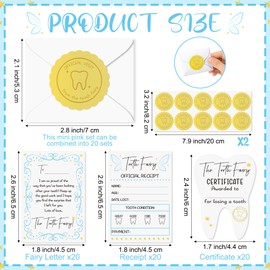 Qimgic Mini Tooth Receipt Set - 20 Set Blue Tooth Cards with Envelope and Fairy Letter for Kids, Lost Teeth Certificate Keepsake Postmark Gift Bag with Seal Stickers for Girls Boys Home School Award