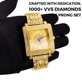 Halukakah Moissanite Diamond Gold Watch for Men, Luxury 18 Carat Real Gold/Platinum White Gold Plated, Basic Waterproof, Artistic Dial, Extra Large Square, Iced Out, 24 cm Bracelet, Gift Box Included,