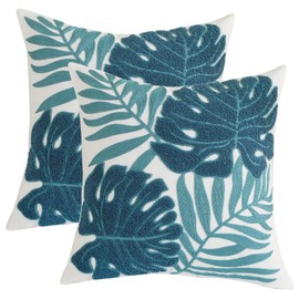 Tosleo Blue Tropical Leaf Embroidered Throw Pillow Covers 18x18 Inch Set of 2 Monstera Palm Leaves Couch Pillowcases Botanical Plant Cushion Case Spring Summer Home Decor for Living Room Bedroom Bed