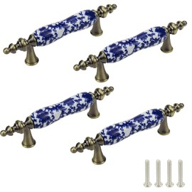 Mcredy Cabinet Pulls Ceramic Door Knobs Painted Cabinet Drawer Wardrobe Pull Handles Blue and White Porcelain Pattern with Screws T Pull Handles Pack of 4