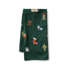RIFLE PAPER CO. Signs of The Season Embroidered Tea Towel, Introduce Holiday Spirit into Your Kitchen with Vibrant Screen Printed Festive Towels, Added Loop, Made from Cotton