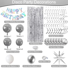 MASTRON Disco Party Decorations - Silver 70s Disco Themed Party Decor for women included Iridescent Happy Birthday Banner Disco Balls Hanging Swirls Fringe Curtain