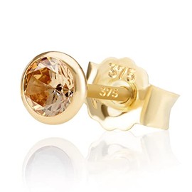 NKlaus Single 5.0 mm 375 Yellow Gold 9 Carat Stud Earrings Cubic Zirconia Butterfly Clasp Women Girls, Yellow Gold, Zircon