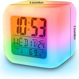 BUBUCAM Digital LED Color Change Alarm Clock, Multi-Functional Calendar Temperature Display, Mute Students Wake Up Alarm Clock with 7 Color Nightlight for Bedroom
