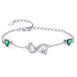 Infinity Heart May Birthstone Bracelet 925 Sterling Silver Adjustable ECG Heartbeat 2 Emerald Birthstones Bracelets with Green Cubic Zirconia Chain Bracelet, Mother's Day Jewelry Gift for Women Mom