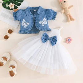 Yanmucy Toddler Baby Girls Dress with Puffy Sleeves Denim Blue Jacket Set 2PCS Little Girls Sleeveless Tulle Tutu Dress Short Sleeve Polka Dot Ruffle Coat Top Outfits Toddler Clothes