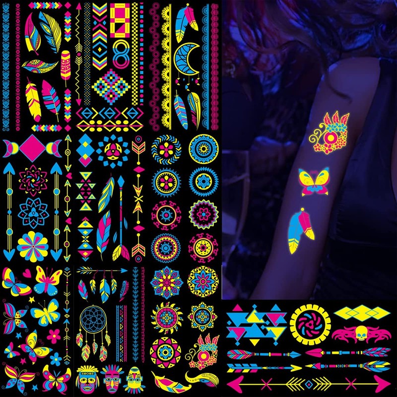 HASTHIP® 10 Hojas Tatuajes Temporales Luminosos en la Oscuridad,Pegatinas UV