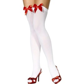 Jon Elia® Ladies Thigh High Hold-Ups Stockings with Coloured Satin Bows Christmas Parties Valentine's Day Fashion Thigh High Stockings Over The Knee Party Wear [ White With Red Bows ]