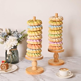 WILLOWDALE Farmhouse Donut Stand Holder Doughnut Bagel Display Rustic Wood Stacker Tower for Bridal Showers,Wedding Birthday Parties, Party Decorations Supplies Dessert Table-2 PCS