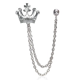 British Style Rhinestone Crown Chain Brooch. Retro Crystal Corsage Pin, Tassel Chain Suit Jacket Brooch Pin for Men Husband Gifts (Silver)