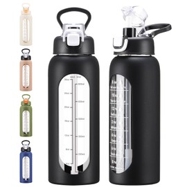 chunmo 32 oz Glass Water Bolttles with Straw Large Motivational Water Bottle with Time Marker Sports Water Bottles with Silicone Sleeve and Handle Lid Water Jug for Gym Workout