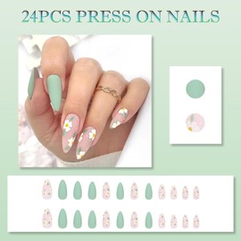 24PCS Floral Almond Press on Nails Set, French Tip & Green Nails with White Flower Print, Medium Length Stick-on Fake, Include Accessory Tools for DIY Manicure for Girls