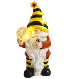 Ovewios Solar Garden Gnome Statue, Resin Bee Gnome Figurine with Flower and Crackle Glass Globe Lights for Outdoor Decor, Porch Patio Yard Decorations, Garden Gifts for Mom
