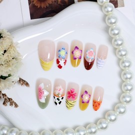 30pcs Flower Press on Nails Medium Almond Fake Nails with 3D Colorful Floral Designs French Nails Summer Flowers False Nails Glue on Nails Handmade Full Cover Acrylic Nails Stick on Nails for Women