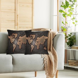 Swono World Map Throw Pillow Cases Pack of 2, Vintage Map Seven Continents Square Cushion Covers Decor Pillow Covers for Couch Sofa Home Farmhouse Decoration 18 X 18 Inches Pillowcases, Brown