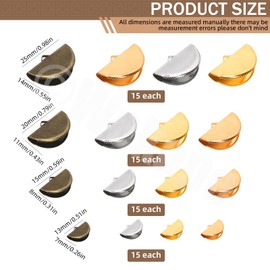 Wokape 240Pcs 4 Size 4 Colors Pinch Crimp Ends, Iron Ribbon Ends, Half Round Ribbon Cord Crimp Ends 13mm 15mm 20mm 25mm Leather Crimp Ends Fan Shape Fastener Clasps with Loop for Jewelry Making