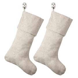 SARO LIFESTYLE 7"x15" Linen Christmas Stocking (Set of 2) – Toscana Collection – Natural Solid Edge – Classic Holiday Farmhouse Décor