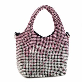 Women Rhinestone Gradient Tote Bag Sparkling Evening Handbag Crystal Clutch with Detachable Strap for Wedding Party, Pink