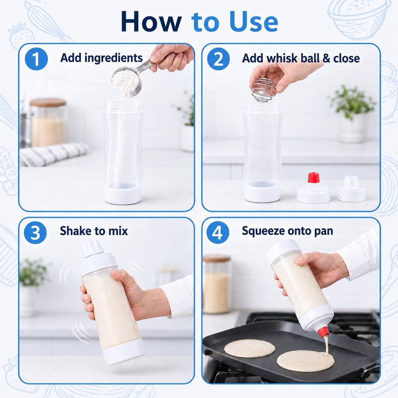 2 Pack Pancake Batter Dispenser Bottle with Whisk Ball, 1000ml