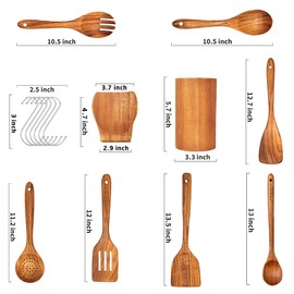 Wooden Spoons for Cooking, 9Pcs Natural Teak Wooden Utensils for Cooking Wooden Kitchen Utensils Set and Holde Cooking Utensils Set