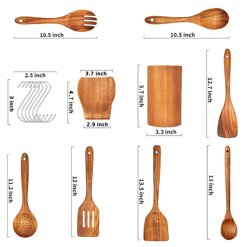 Wooden Spoons for Cooking, 9Pcs Natural Teak Wooden Utensils for