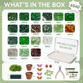 HOSHARM 6540 Pcs Green Glass Beaded Plant Kit with pots, Green Beads for Beaded Plants with Detailed Instructions, Potted Beaded Plants Craft Kit for Adults & Hobbyists, Home & Office Desktop Decor