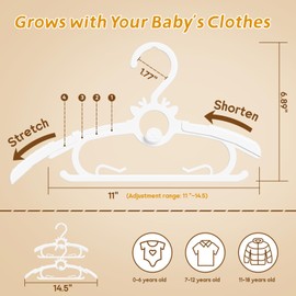 Kids Hangers 30PCS, 11"-14" Extendable and Stackable Baby Hangers, 45g Ultra-Thick Space Saving Non-Slip Plastic Hanger for Infant, Toddler and Nursery Closet, White