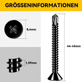 Dayalo Pack of 50 4.8 x 45 mm Self-Tapping Screws Stainless Steel Black Self Tapping Self Tapping Screws Countersunk Phillips Screws with Drill