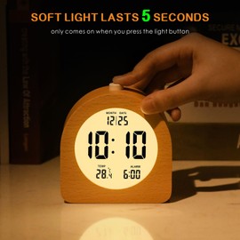 Plumeet Wooden Digital Alarm Clock for Bedrooms, Wood 4'' Battery Powered Alarm Clock with Snooze and Nightlight, Electronic LCD Desk Clock Display Time, Date, Temp, 12/24H, Wood Décor, Round, Brown
