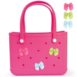 Fynqor Small Beach Bag with 3 Charms Waterproof Rubber Tote Bag for Women Durable Lightweight for Swim, Gym & Daily Use (Hot Pink)
